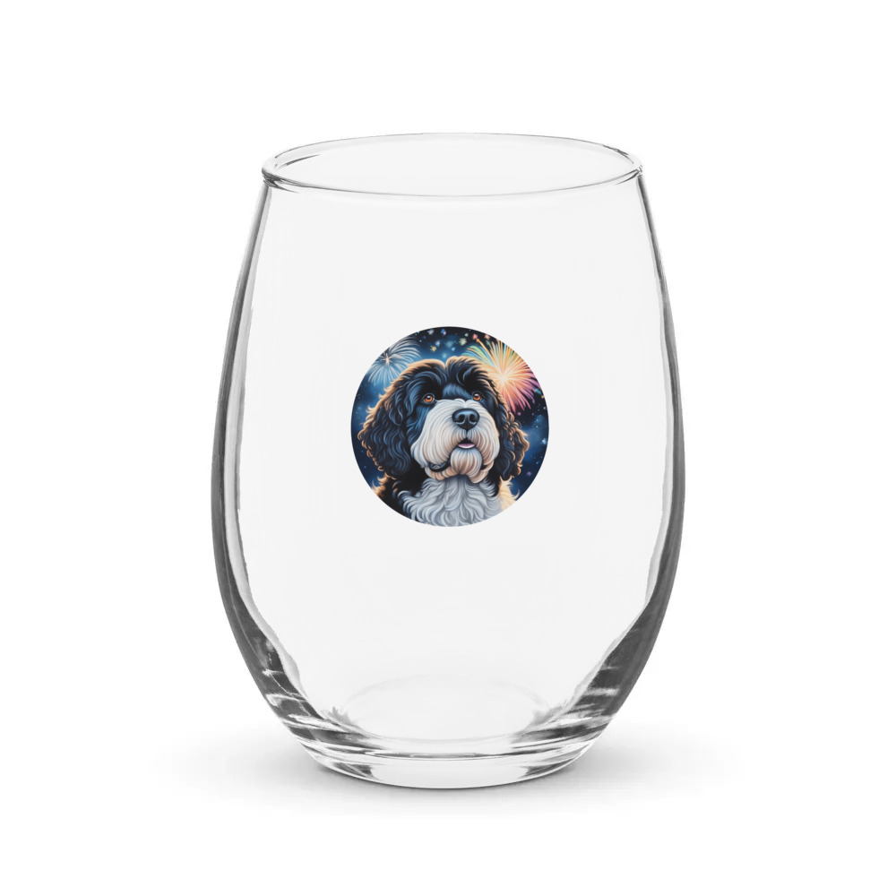 PugMug Custom Portuguese Water Dog Stemless Wine Glass