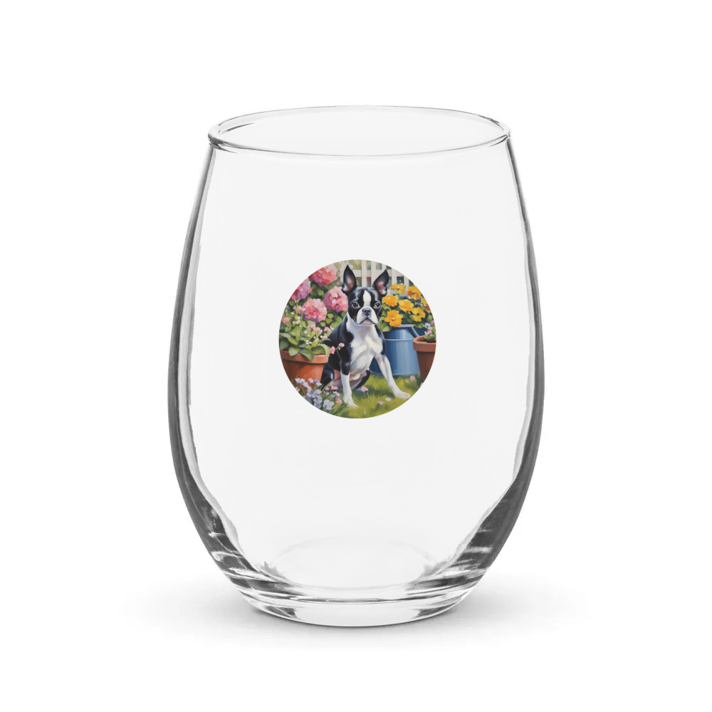PugMug Custom Boston Terrier Stemless Wine Glass