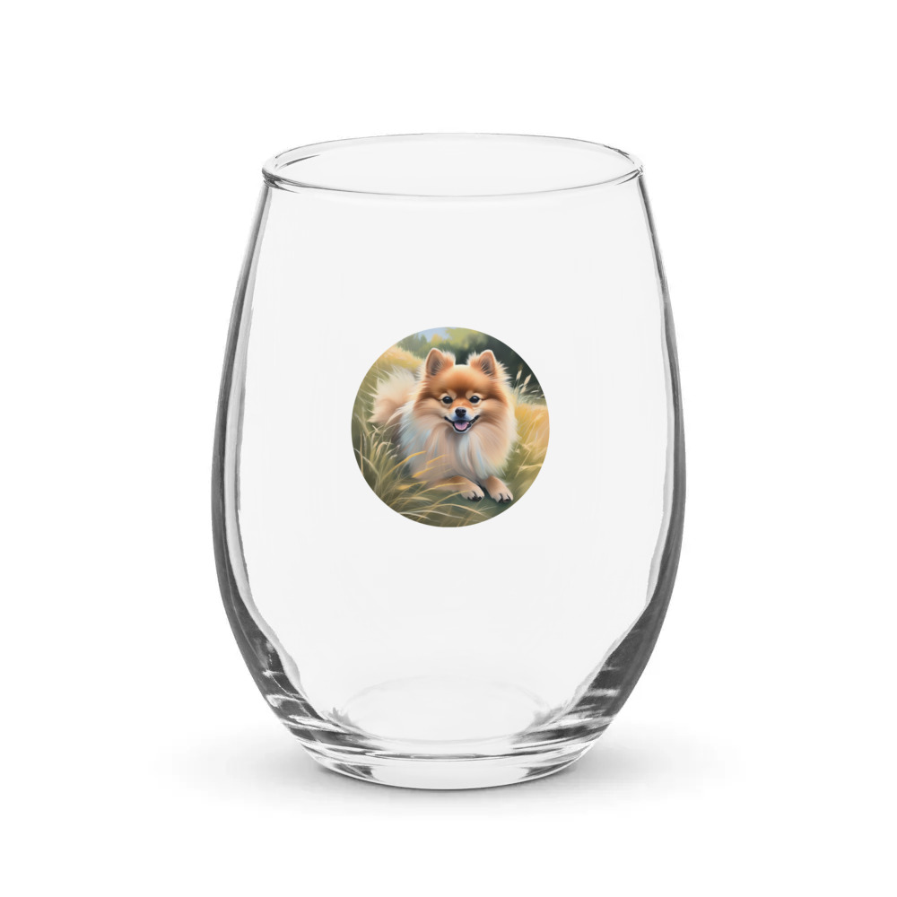 PugMug Custom Tan Pomeranian Stemless Wine Glass