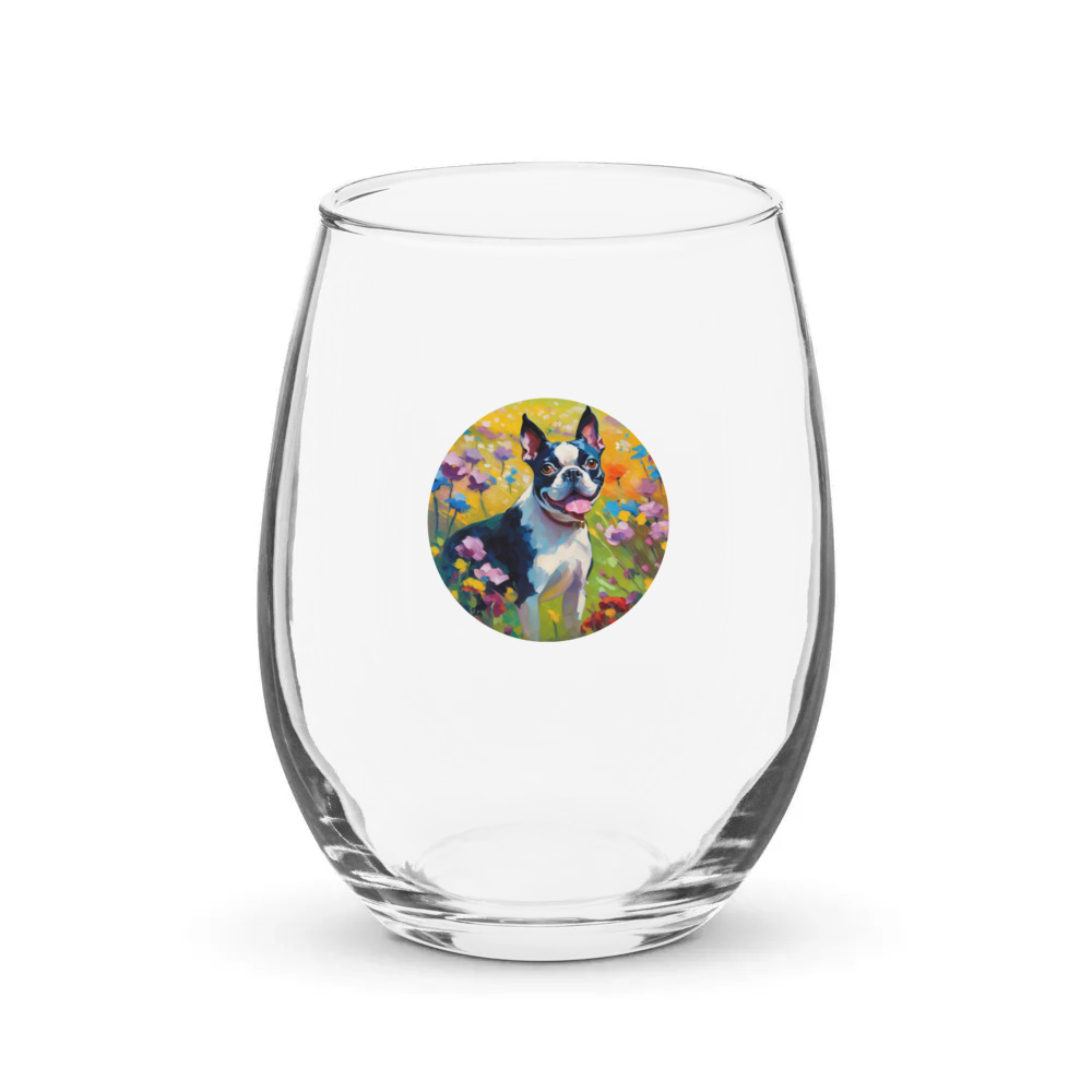 PugMug Custom Boston Terrier Stemless Wine Glass