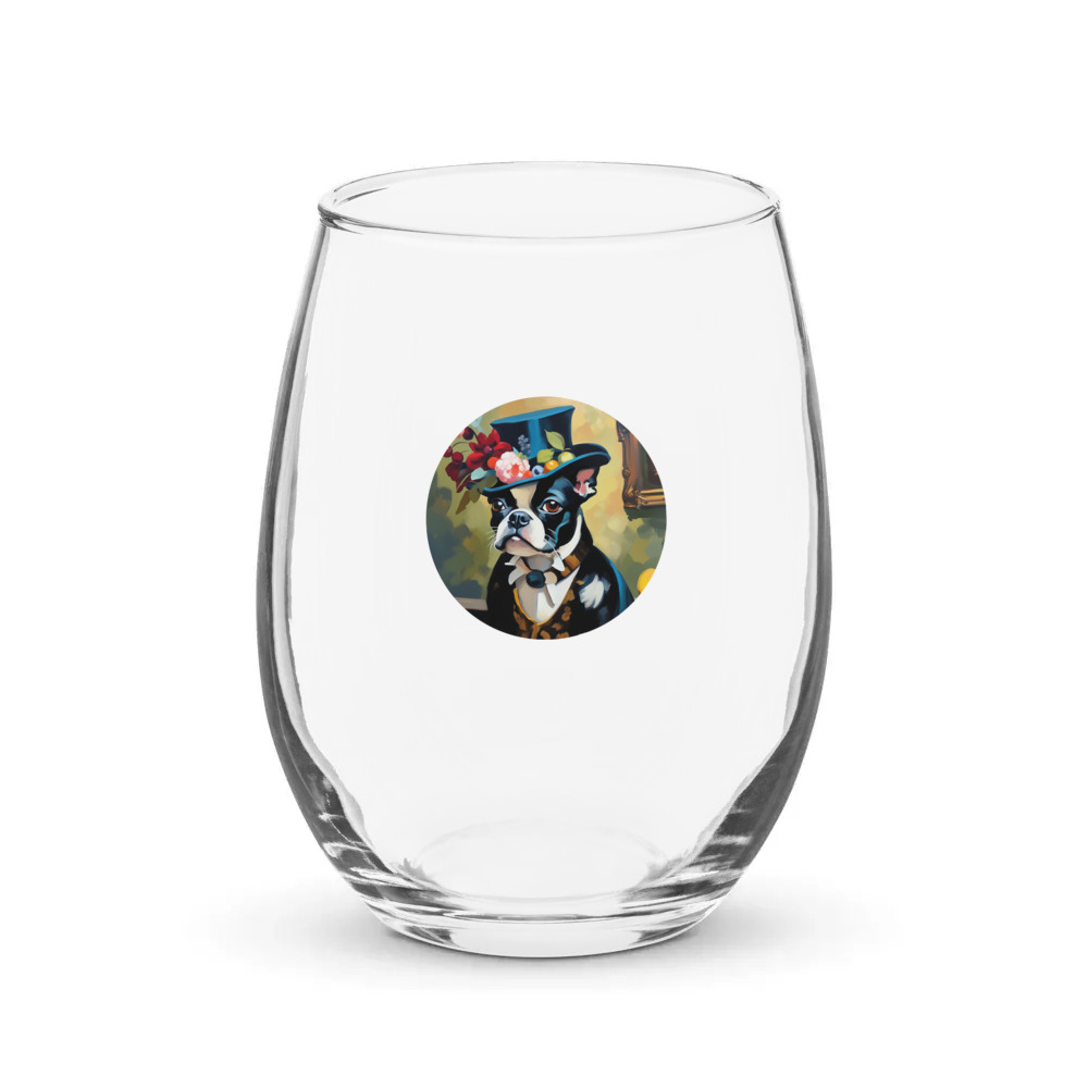 PugMug Custom Boston Terrier Stemless Wine Glass