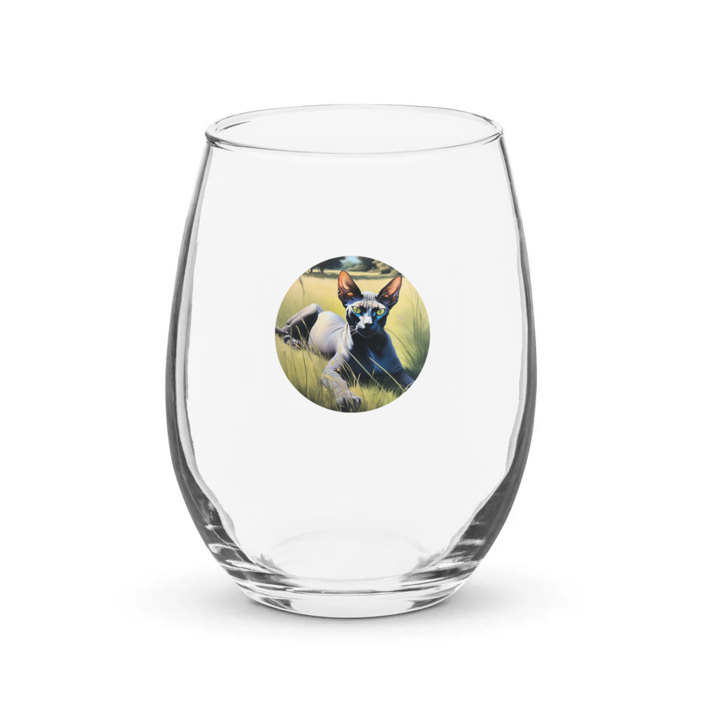 PugMug Custom Black Sphynx Cat Stemless Wine Glass