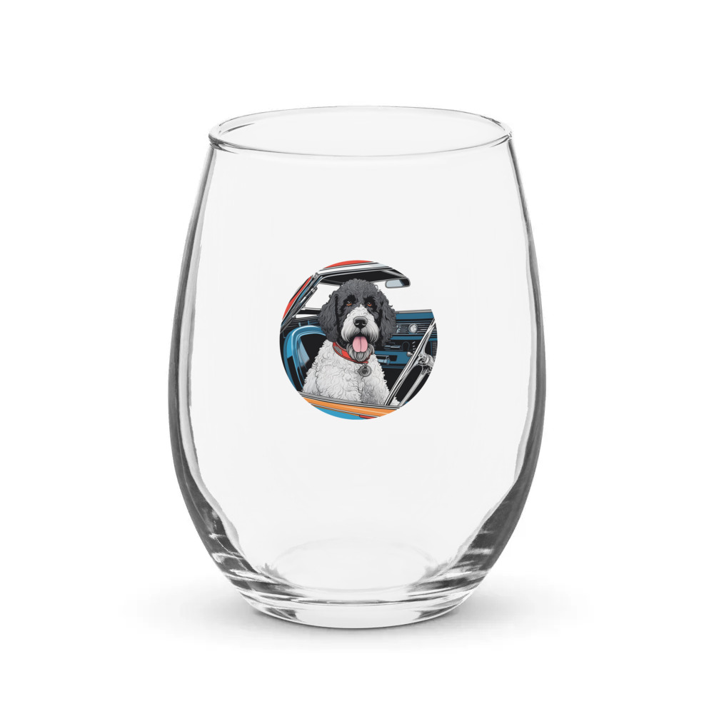 PugMug Custom Portuguese Water Dog Stemless Wine Glass