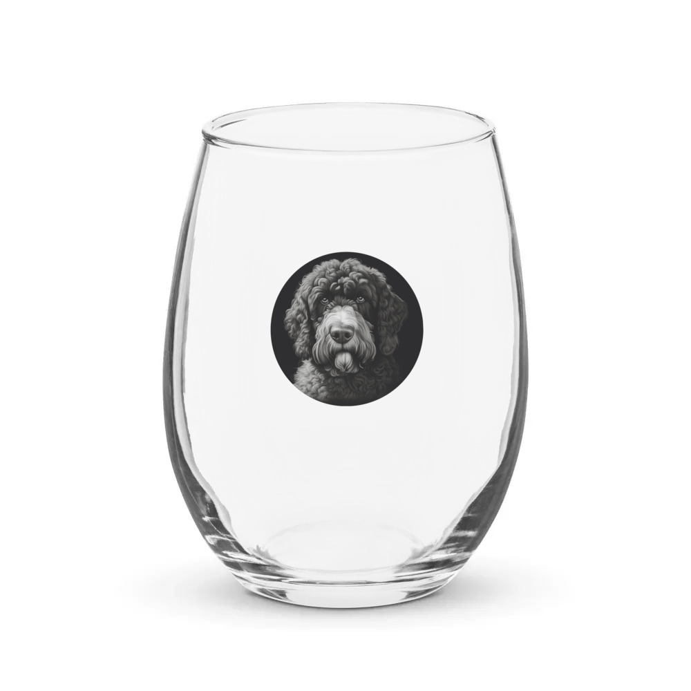 PugMug Custom Portuguese Water Dog Stemless Wine Glass
