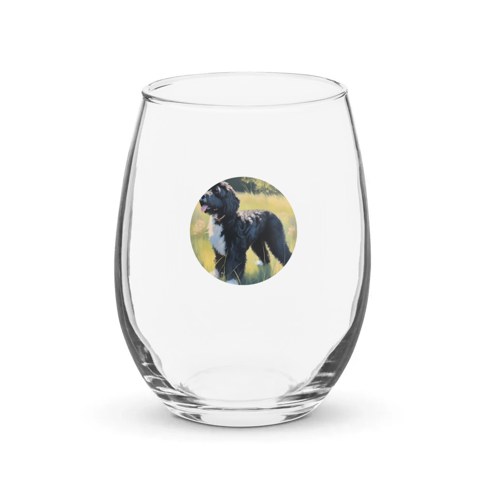 PugMug Custom Portuguese Water Dog Stemless Wine Glass