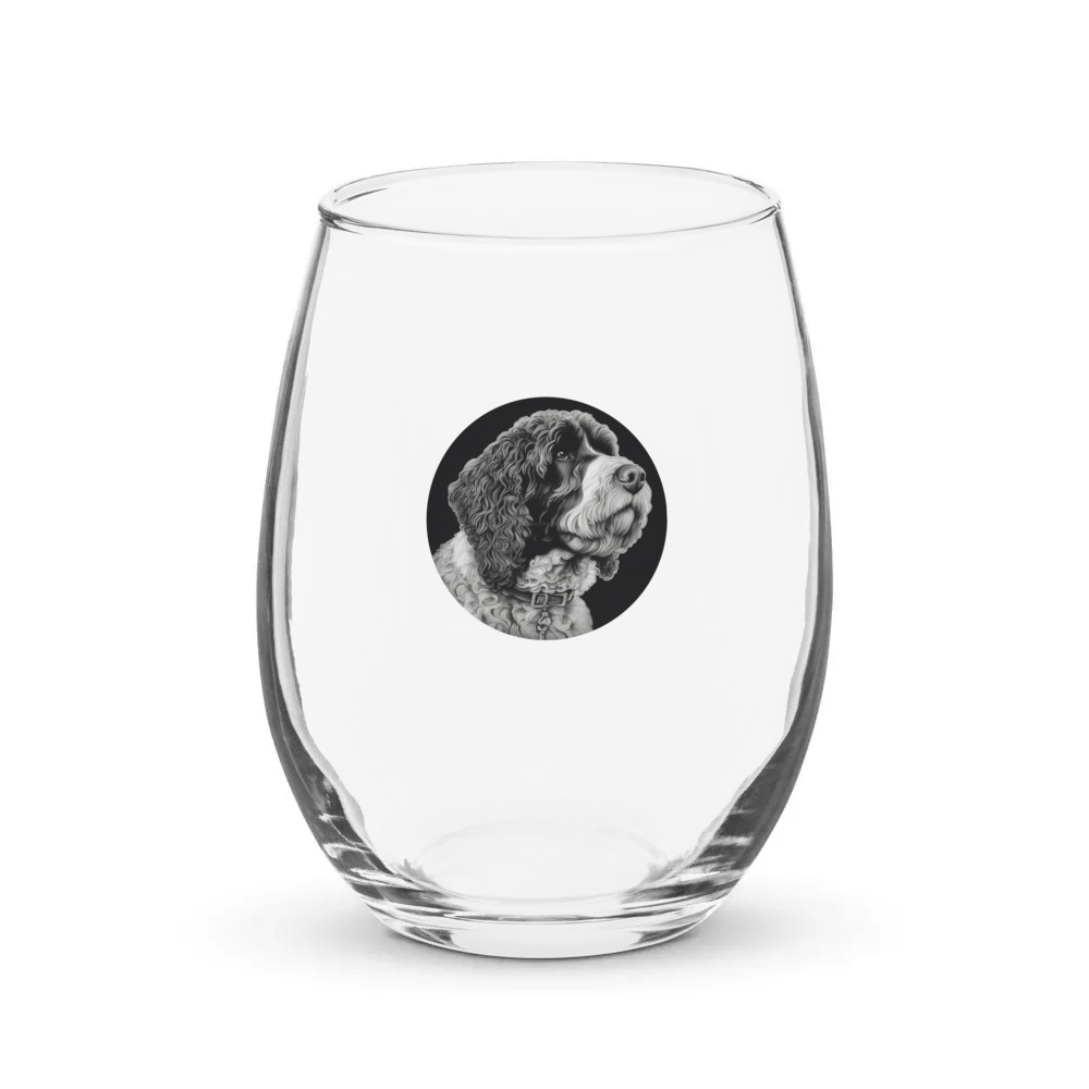 PugMug Custom Portuguese Water Dog Stemless Wine Glass