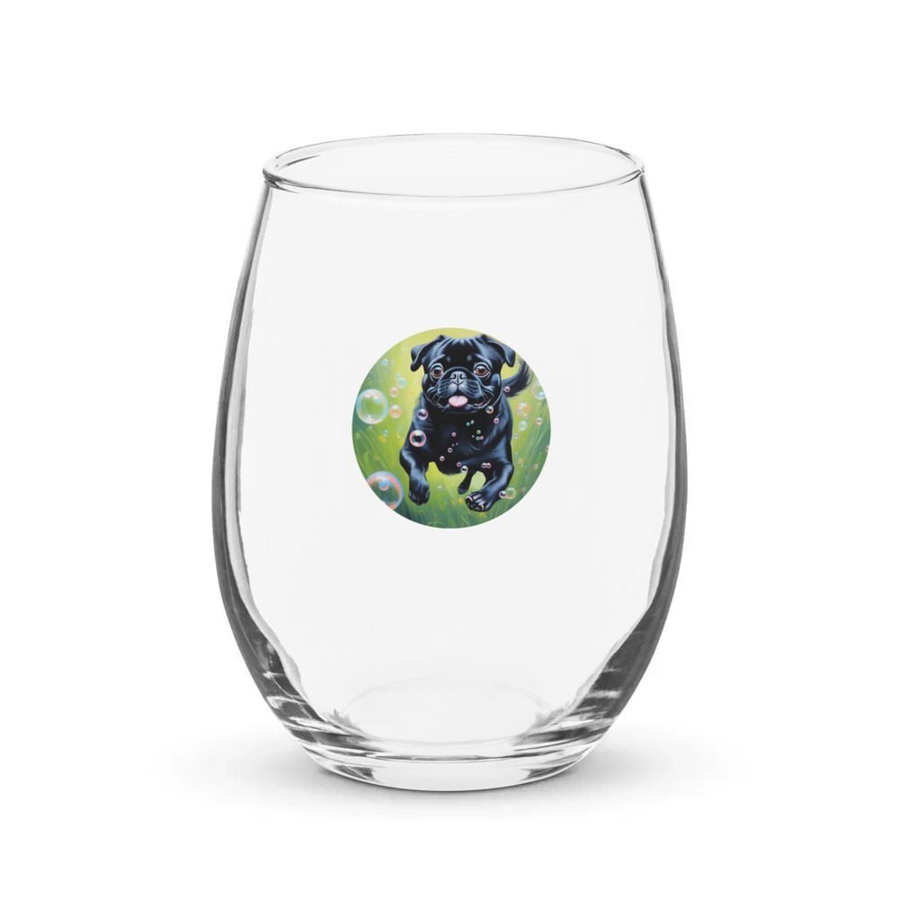 PugMug Custom Black Pug Stemless Wine Glass