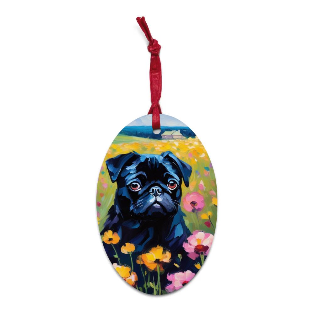 PugMug Custom Black Pug Wooden Ornament